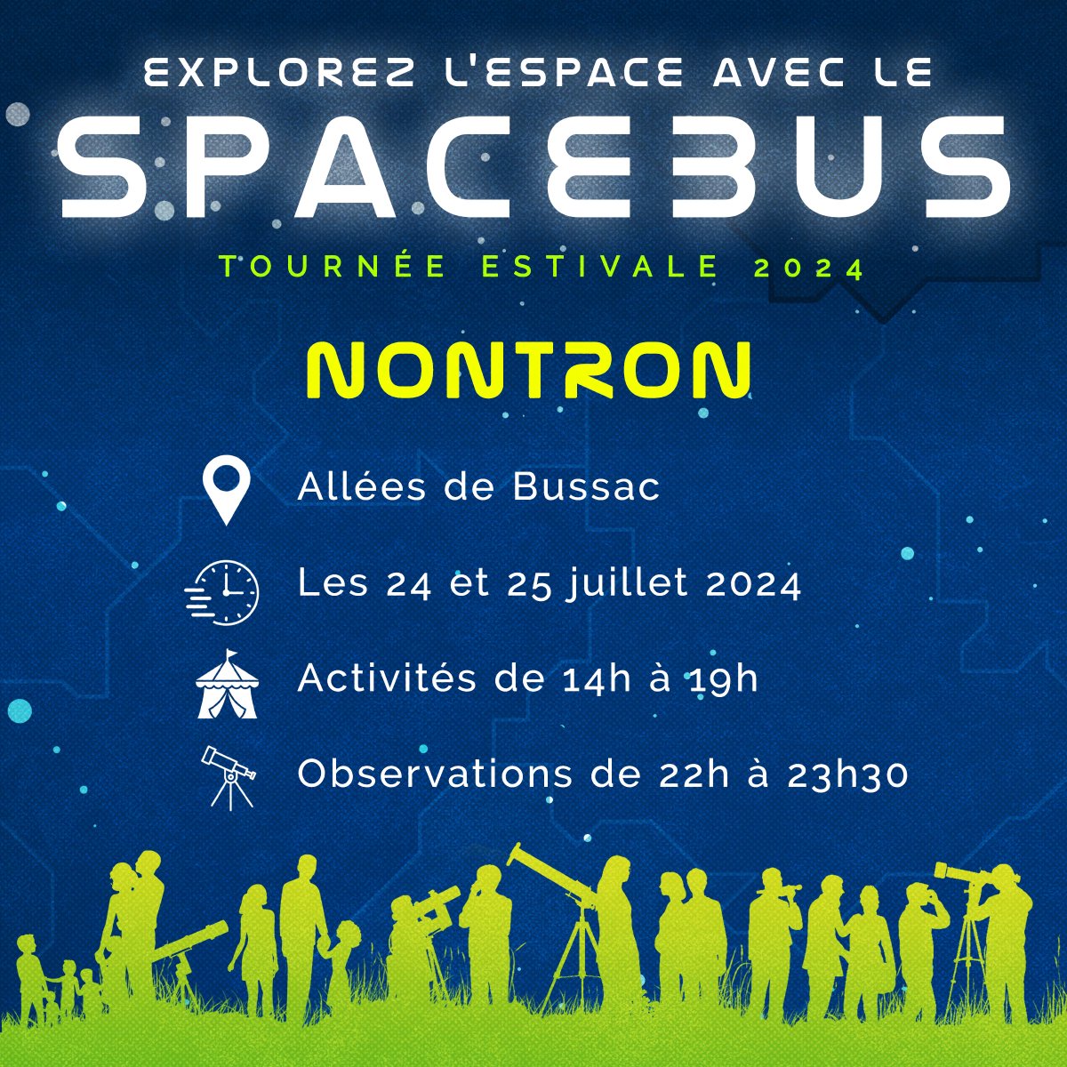 Étape 2 de notre édition estivale: Nontron 🚀
Venez découvrir notre #univers auprès de nos bénévoles professionnels-les de l'#astronomie aujourd'hui et demain aux Allées de Bussac 🌙🔭

#vulgarisationscientifique #astrophysique #espace #spatial