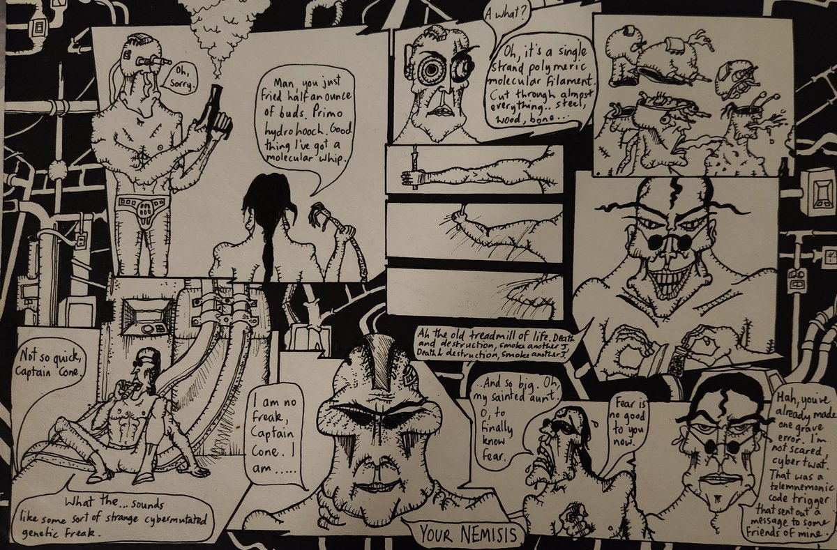 Busabx's tweet photo. looking through some old documents, found this page of a 'Captain Cone' strip I used to draw for publication in the uni magazine, when they'd have it..this is from, I think, 1995. https://t.co/DvfLIfjDqe