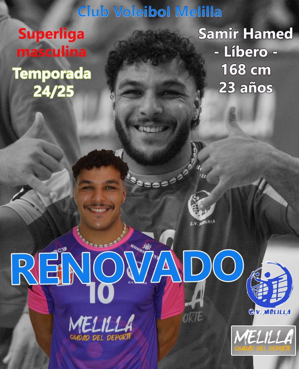 cvmelilla's tweet photo. #RENOVACION #SM1 🏐🏐🏐🏐🏐

El loco de la defensas; nuestra mejor retaguardia #Gladiadora. 

Orgullosos ✖️anunciar la renovación del #melillense #Samir_Hamed. 

Con Samir nos convertimos  en el equipo que ➕promociona a los jugadores locales 🤗

@melilla_deporte
@tv_melilla https://t.co/ssWIyBHkgb