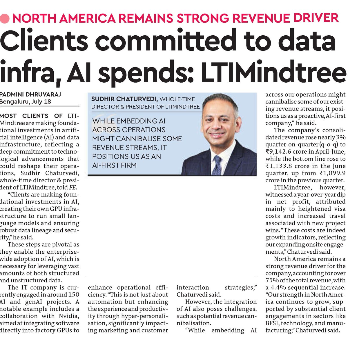 Discover how #LTIMindtree clients are spearheading #AI and #data infrastructure investments, paving the way for transformative operational improvements. In a recent interview with <a href="/FinancialXpress/">Financial Express</a>, <a href="/Sudhir_Chat/">Sudhir Chaturvedi</a>, President and Executive Board Member at LTIMindtree, shares insights