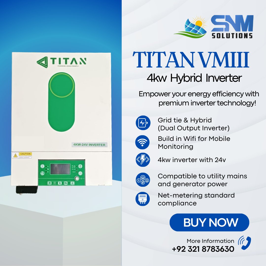 SnmSolutions1's tweet photo. 4KW Hybrid/Ongrid Inverter is available with and without battery option of 24V, 5000-Watt PV Capacity, Dual Output, Built in WIFI &amp; Netmetering (Feed into Grid) Options
0321 8783630
https://t.co/iJyGFukNkJ
#Titan
#titanVMIII
#4kwinverter
#OngridInverter
#HybridInverter
#Inverter https://t.co/mvbByAT06a