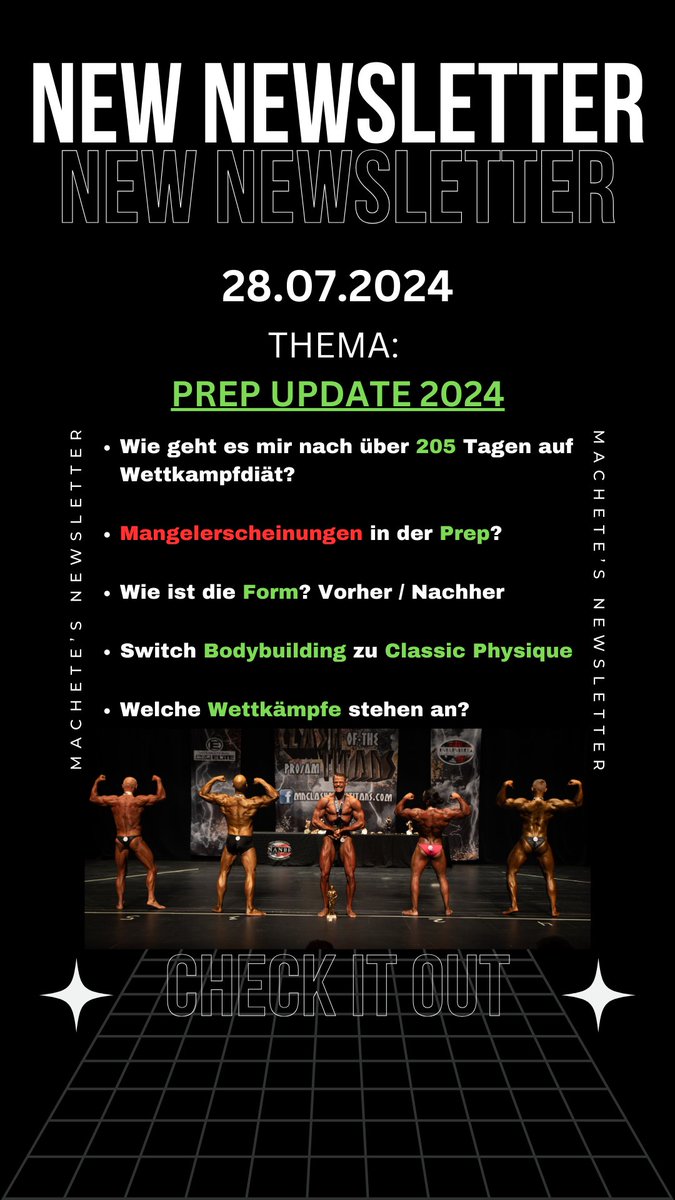 da_machete's tweet photo. Hey Leute ,
wie ihr wisst, stecke ich mitten in der #Wettkampfvorbereitung!  Nach über 200 Tagen #Diät will ich euch in meinem nächsten Newsletter am Sonntag exklusive Einblicke geben:

Meldet euch jetzt für den #Newsletter an: https://t.co/kRHLprmN0e

Euer Machete
#prep2024 https://t.co/pD2b1Nc8Mw