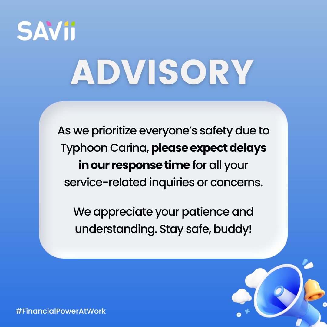 SAViiPH's tweet photo. Due to #TyphoonCarina, some of our teams have been heavily impacted by the severe weather.

In line with this, please expect delays in our response time. We will be doing our best to assist with your inquiries and concerns.

Thank you for understanding. Stay safe always. https://t.co/NVw0fNqKRh