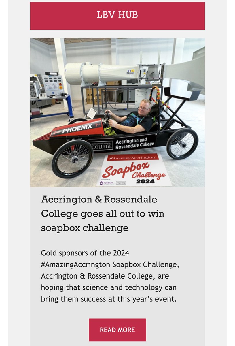 AmazingAccy's tweet photo. The countdown is ON for the 2024 #AmazingAccrington Soapbox Challenge and one of our main sponsors Accrington and Rossendale College are going all out for the win! 🏆🏁

Great coverage of their cart in today’s @LBVmagazine #WednesdayWeekly! 🙌

Learn more here 👇

https://t.co/uKLw7I5uGE