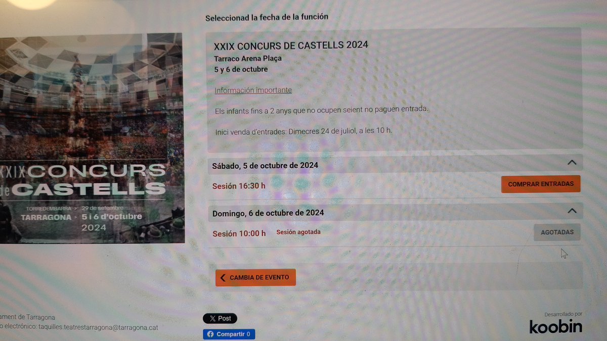 Després de 50 minuts a l'ordinador, cues varies, la pàgina de koobin i s'ha puta mare, esgotades.....<a href="/concurscastells/">Concurs de Castells</a>