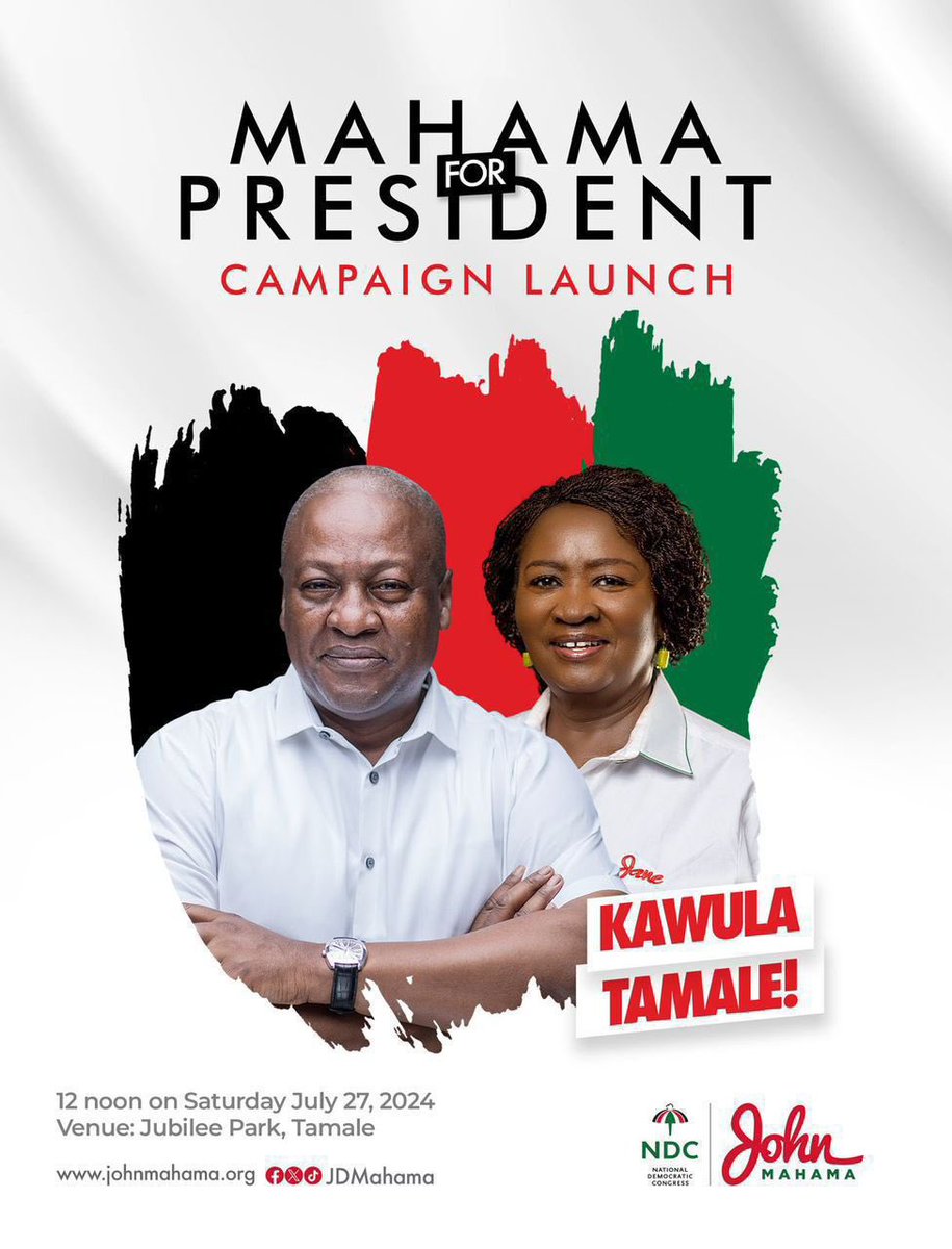 Sharifyedakew's tweet photo. Join John Mahama in Tamale on Saturday , July 27th, for an electrifying campaign launch.

#ChangeIsComing
#TheGhanaWeWant
#Mahama4Change2024
#NDCTEIN https://t.co/6c2Xm9wS3G