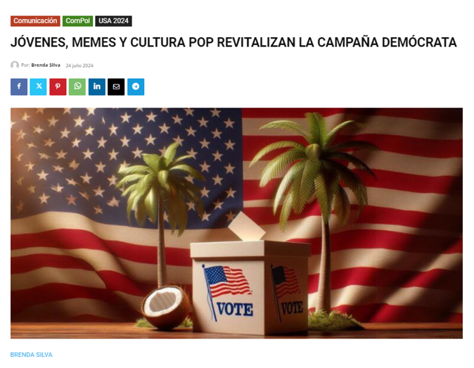 Los videos 'brat', los mix de la risa de Kamala y los 🥥🌴son evidencia de un entusiasmo, al menos digital, que los demócratas ya creían perdido y que la campaña 'Biden 2024' nunca pudo generar. 

Hoy hablo de ello en la #guiaUSA2024 de <a href="/ideograma/">ideograma</a>: t.ly/C5RCO