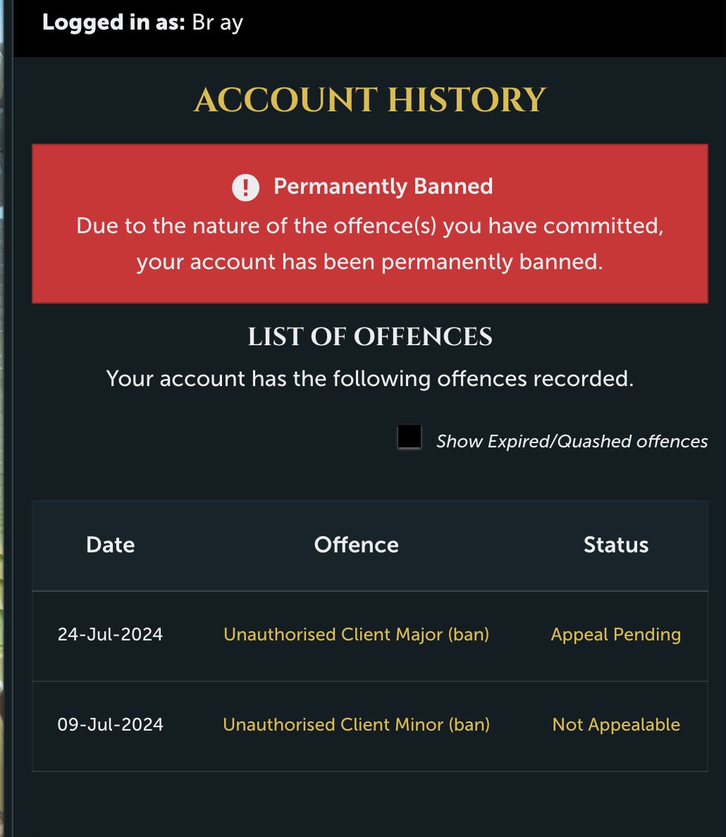 Bray (@braywithaspace) on Twitter photo Well I knew this would happen, have been tweeting <a href="/JagexSupport/">Jagex Support</a> and about 10 other Jmods for two weeks trying to get the first false ban quashed so this didn't result in a perm ban. I have never used a third part y client. I guess logging into Runelite on a macbook is (1/) Well I knew this would happen, have been tweeting <a href="/JagexSupport/">Jagex Support</a> and about 10 other Jmods for two weeks trying to get the first false ban quashed so this didn't result in a perm ban. I have never used a third part y client. I guess logging into Runelite on a macbook is (1/)