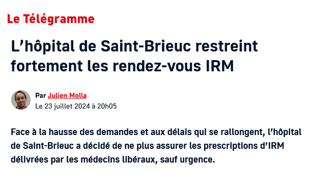 Nouveau symptôme d'un service public hospitalier malade, les patients à qui des médecins libéraux prescrivent des IRM ne sont plus acceptés à Saint-Brieuc, sauf exception. Il manque des machines et surtout du personnel.

letelegramme.fr/bretagne/lhopi…