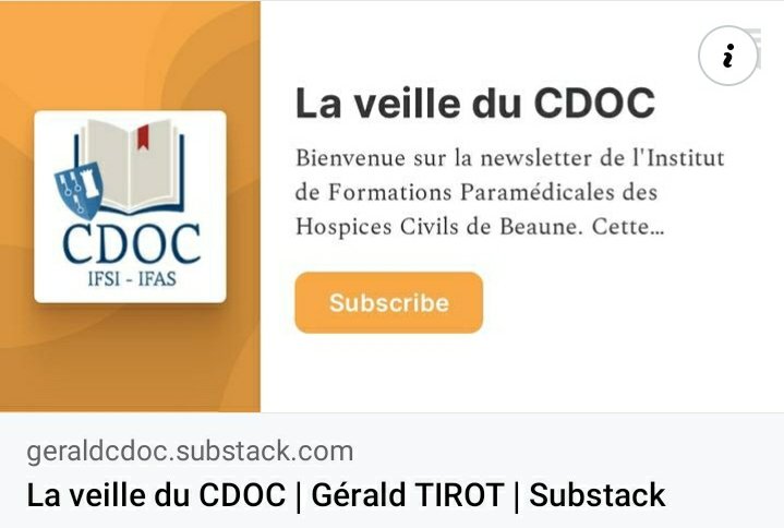 TirotG's tweet image. Dans le cadre de mon activité professionnelle au sein de l&apos;IFP des @hospicescivils, je réalise une #newsletter hebdomadaire (tous les jeudis). Découvrez les 11 premiers numéros...
@CDOCBeaune
#veille #santé #formation #IFSI #IFAS #Qualiopi #dévprof
geraldcdoc.substack.com