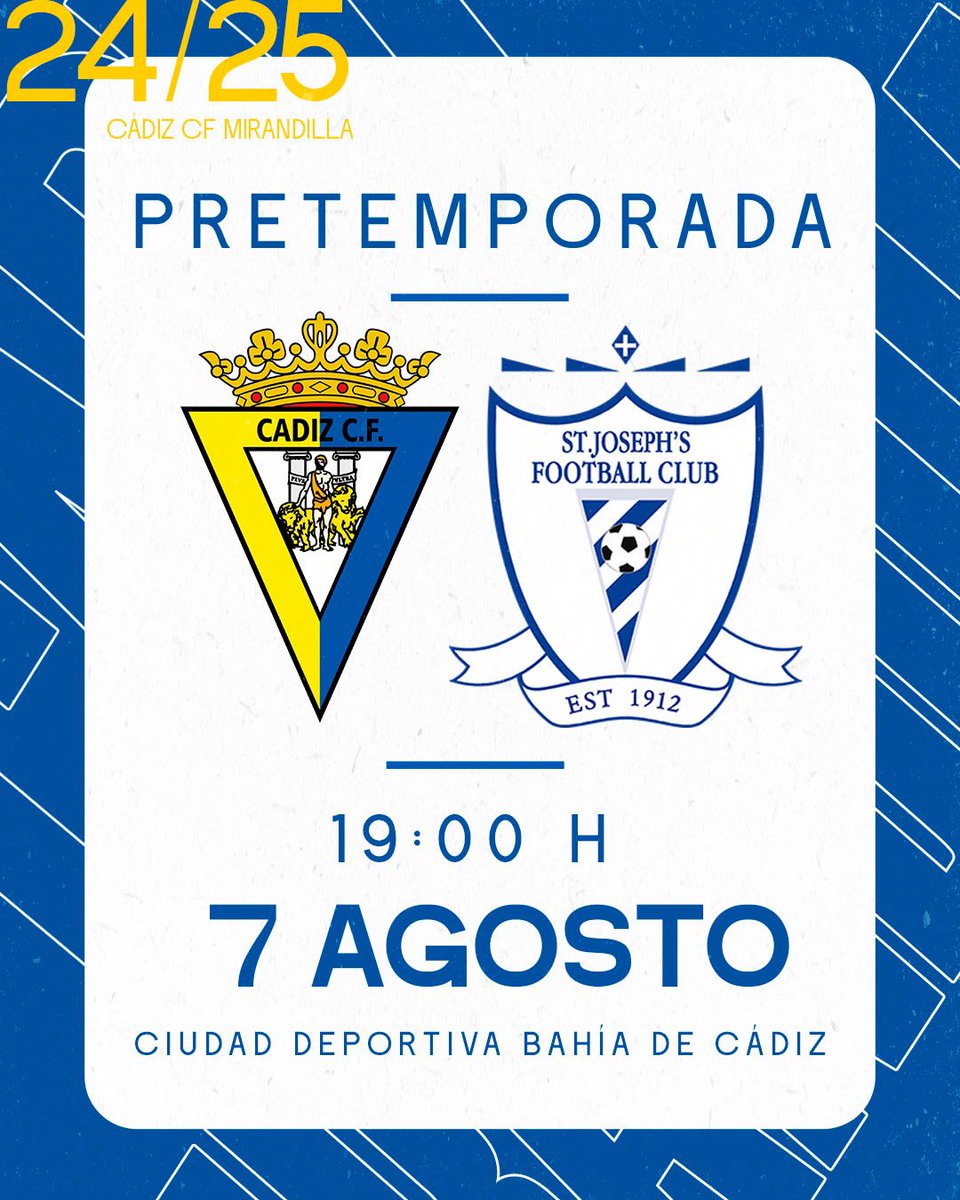 🚨 𝐍𝐮𝐞𝐯𝐨 𝐚𝐦𝐢𝐬𝐭𝐨𝐬𝐨 𝐜𝐨𝐧𝐟𝐢𝐫𝐦𝐚𝐝𝐨 🚨

🆚 <a href="/StJosephsFCGib/">St Joseph's FC</a> 
🗓️ 07/08/2024
🏟 Ciudad Deportiva Bahía de Cádiz 
⏰ 19:00 horas
🔒 Puerta cerrada
#️⃣ #MirandillaStJosephs

 💛 #VamosMirandilla