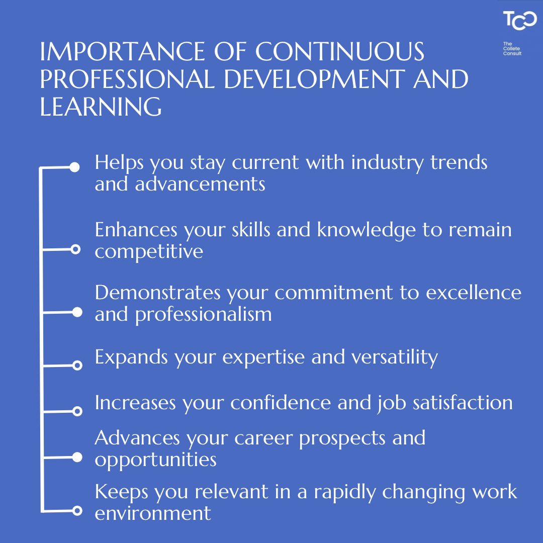 Collete_Consult's tweet photo. By prioritizing continuous learning, professionals can:

- Future-proof their careers
- Drive innovation and growth
- Stay ahead of the curve
- Achieve personal and professional growth
- Enhance their value to employers and clients https://t.co/UpQvcB7t0v
