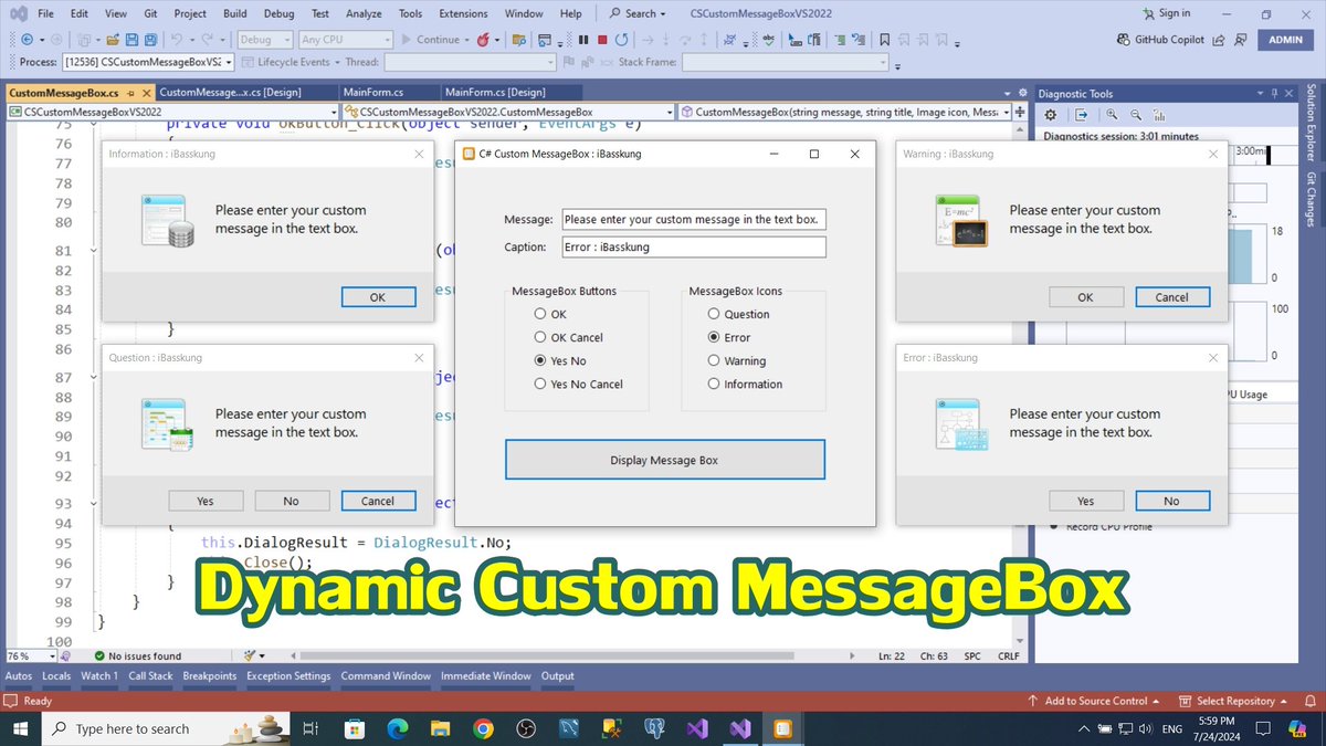 IBasskung's tweet image. เพิ่งพัฒนาเสร็จและยังไม่เคยทำคลิปสอน!
🚀 Dynamic Custom MessageBox in C#: Enhance Your UI with Custom Alerts.

👨‍🏫 สร้างกล่องข้อความแบบไดนามิกใน Visual Studio 2022 

#iBasskung #สอนเขียนโปรแกรม #VisualStudio2022 #CSharp #CustomMessageBox #DynamicCustomMessageBox