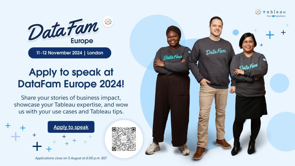 Do you want to speak at #Datafam Europe in London in November? We'd love to hear your #tableau topics? 

The call for participation is... OPEN!

➡bit.ly/4cRYN7g