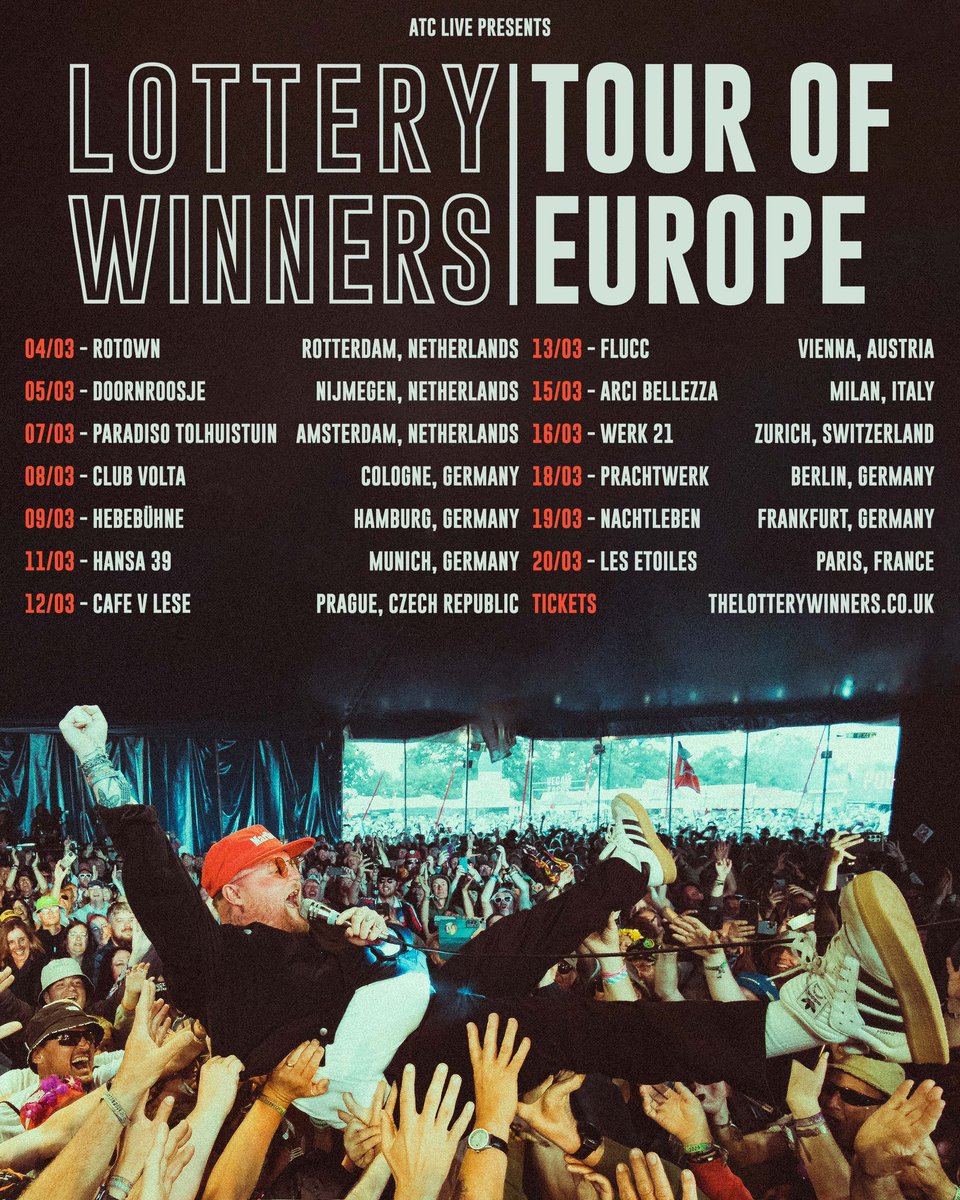LotteryWinners's tweet photo. 🇩🇪🇳🇱🇮🇹🇦🇹🇨🇿🇨🇭🇫🇷🇪🇺 LW x EUROPE! 🇪🇺🇫🇷🇨🇭🇨🇿🇦🇹🇮🇹🇳🇱🇩🇪

We’re absolutely thrilled to announce our BIGGEST EVER European tour! 

Please come! It’s scary and exciting and we can’t wait! Tickets are on sale on Friday, set your alarms cos they’re gonna go FAST. (They’re not!)

https://t.co/Xtkx6DmVgp