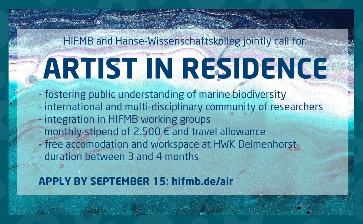 UN Ocean Decade (@unoceandecade) on Twitter photo Wanted: new artist in residence for #OceanDecade Contribution 'ArtWaves' 🌊🎨
<a href="/HIFMB_OL/">HIFMB 🪼 @hifmb.bsky.social</a> & @hwk_ias seek art projects addressing marine biodiversity change and promoting public understanding and the transfer of knowledge through art.
Deadline: 15 Sept
🔗 ow.ly/Skom50SCrKk Wanted: new artist in residence for #OceanDecade Contribution 'ArtWaves' 🌊🎨
<a href="/HIFMB_OL/">HIFMB 🪼 @hifmb.bsky.social</a> & @hwk_ias seek art projects addressing marine biodiversity change and promoting public understanding and the transfer of knowledge through art.
Deadline: 15 Sept
🔗 ow.ly/Skom50SCrKk