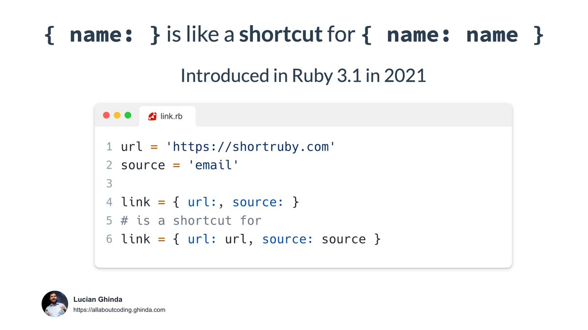 lucianghinda's tweet photo. Continuing my series about #ModernRuby syntax let me talk a bit about Hash Value Omission feature in #Ruby https://t.co/ctEdlk7OBE