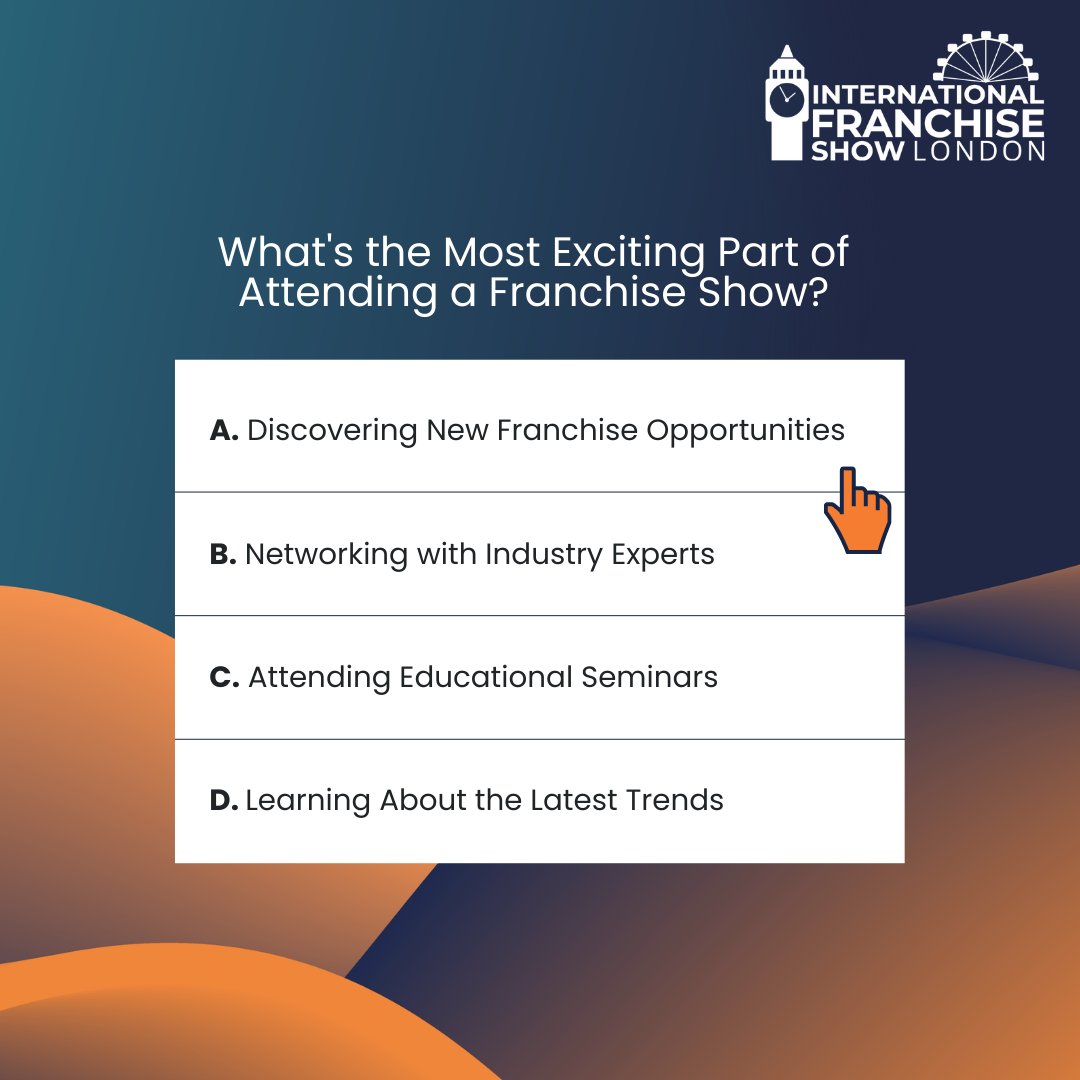 FranchiseShowUK's tweet photo. What's your favourite part of attending a franchise show? 🚀
Let us know your thoughts in the comments below 👇
#InternationalFranchiseShow #IFS25 #IFS #Franchising #Franchisor #Franchisee #FranchiseEntrepreneur #FranchiseOpportunity #ExCeLLondon https://t.co/hBE9twXAsE