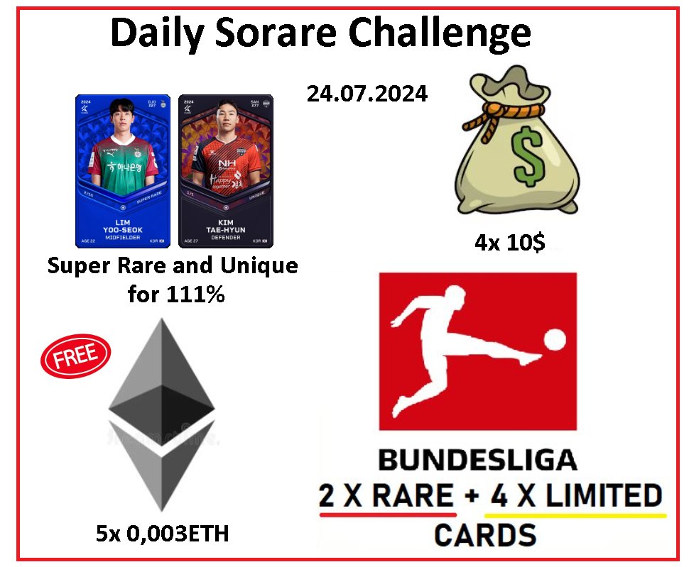 Daily <a href="/Sorare/">Sorare</a> Challenge - Starting Now 24.072024

1⃣ 2 x Rare and 4 Limited Cards from Bundesliga + 4 x 10Usd for 10 random people who make at least one transaction with me within 24 hours !!! 💯
2⃣ Swap All My Super Rare and Unique cards for 111% of Your Cards! 👍
3⃣🆓 0,003ETH