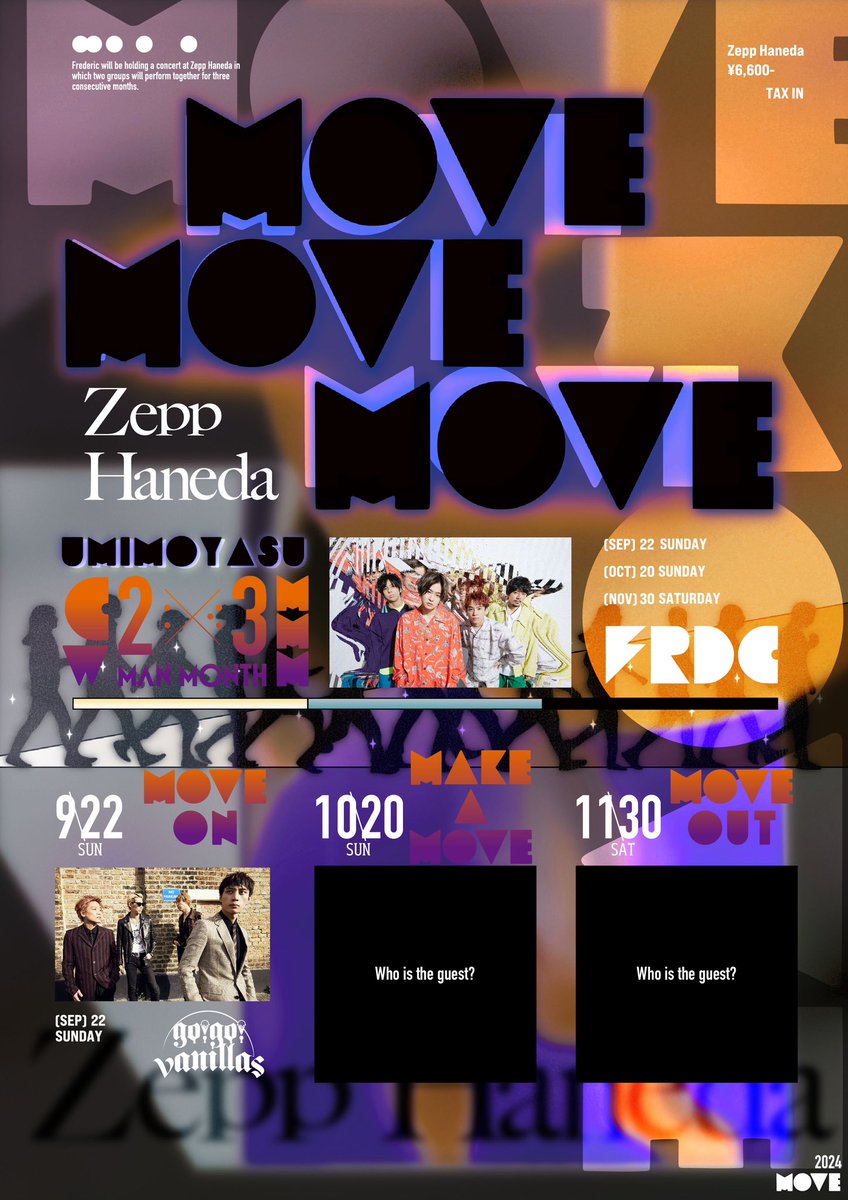 go_go_vanillas's tweet photo. 【ライブ出演情報！】

「UMIMOYASU 2024 MOVE -MOVE ON-」への出演が決定！

2024年9月22日(日・祝)
Zepp Haneda(TOKYO)
w：フレデリック

🎫go!go!CLUB先行抽選予約
7/26(金)18:00～8/4(日)23:59
ご応募は https://t.co/o5itZlGOHS

詳細は https://t.co/oQnctUntrc

#フレデリック https://t.co/V9gojBaAOW
