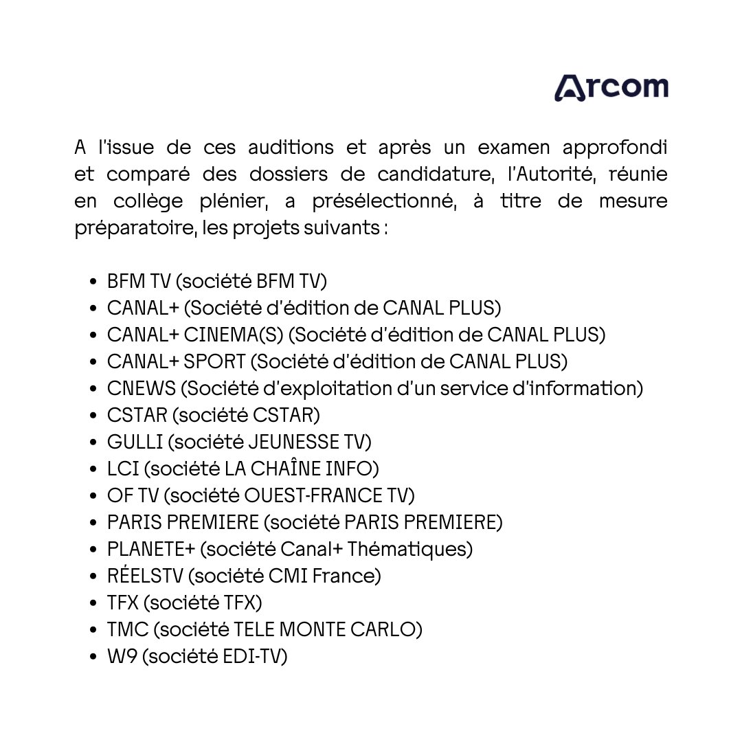 Arcom_fr's tweet photo. 🔈 Appel aux candidatures pour 15 services de la TNT : présélection des candidats 🔽

Le communiqué de presse : https://t.co/26LxCeIJK0