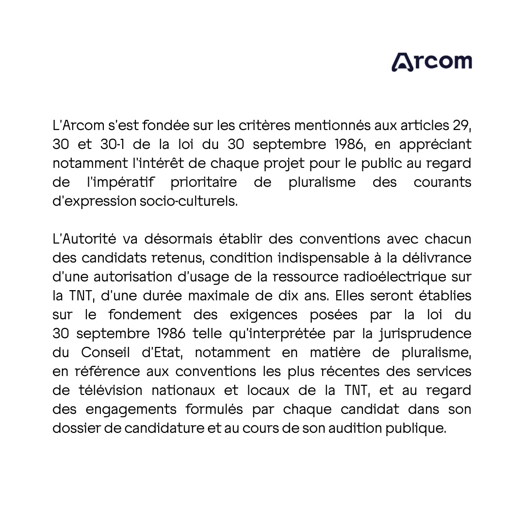Arcom_fr's tweet photo. 🔈 Appel aux candidatures pour 15 services de la TNT : présélection des candidats 🔽

Le communiqué de presse : https://t.co/26LxCeIJK0