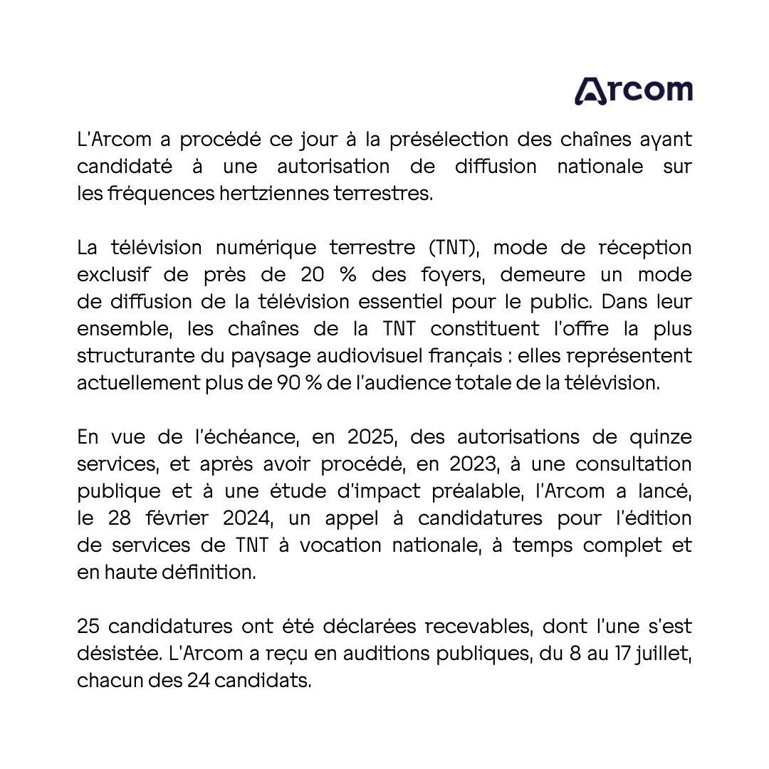 Arcom_fr's tweet photo. 🔈 Appel aux candidatures pour 15 services de la TNT : présélection des candidats 🔽

Le communiqué de presse : https://t.co/26LxCeIJK0