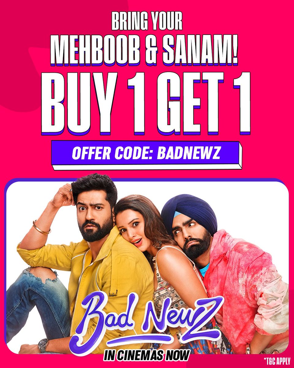 bollywood_life's tweet photo. Double the laughs, double the fun!  Our family-friendly hit, Bad Newz, is getting rave reviews, and guess what? The BOGO offer is still going strong!  Don't miss out on this hilarious film everyone loves!

Bad Newz in theatres, Go watch it now!!!

#BadNewzMovie #BOGOFun #FamilyNight