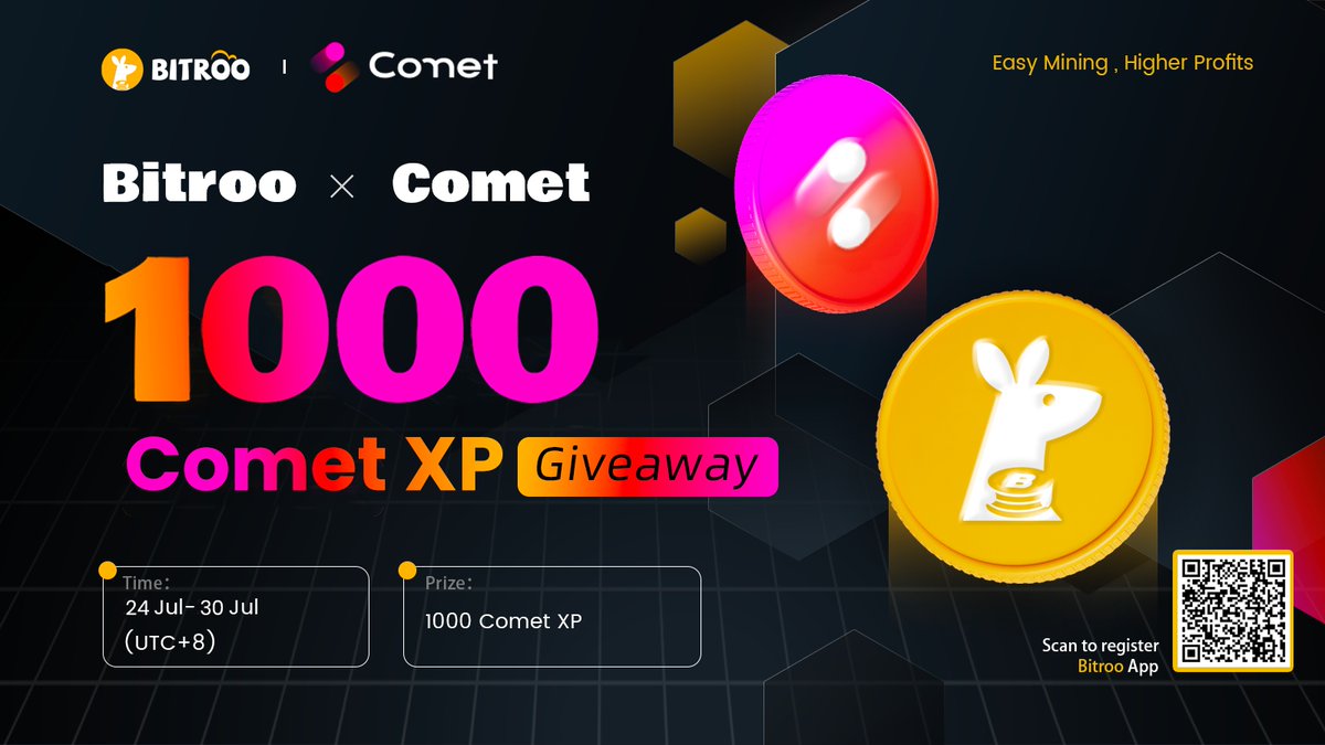 BitrooOfficial's tweet image. 🎁#Bitroo X @Comet_Protocol 1000 Comet XP Giveaway

⏰Time: 24 June- 23:59 30 June(UTC+8)

💰Prize: Randomly pick 10 ppl to share 1000 Comet XP

1. Follow @BitrooOfficial, @Comet_Protocol, @BitrooCN
2. Like, RT, Tag 3 ppl, finish tasks
3. Leave ETH address…