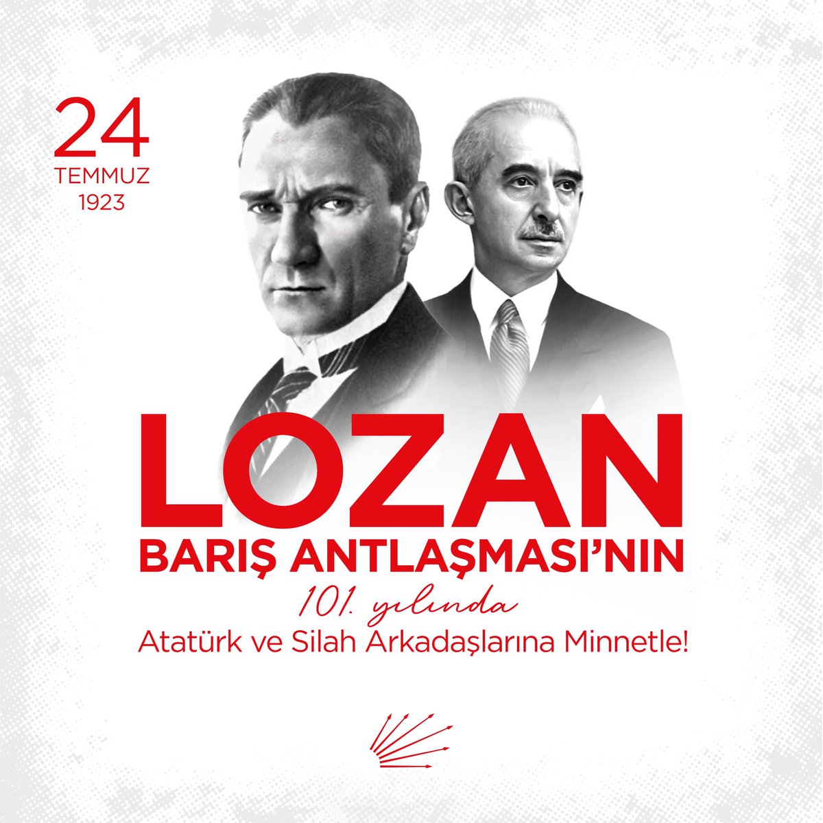101 yıldır bağımsız, 101 yıldır gururlu!

Lozan Barış Antlaşması'nın yıl dönümünde, Gazi Mustafa Kemal Atatürk'ü, İsmet İnönü'yü ve ülkemizin bağımsızlığı için emek veren bütün kahramanlarımızı minnetle ve rahmetle anıyoruz.