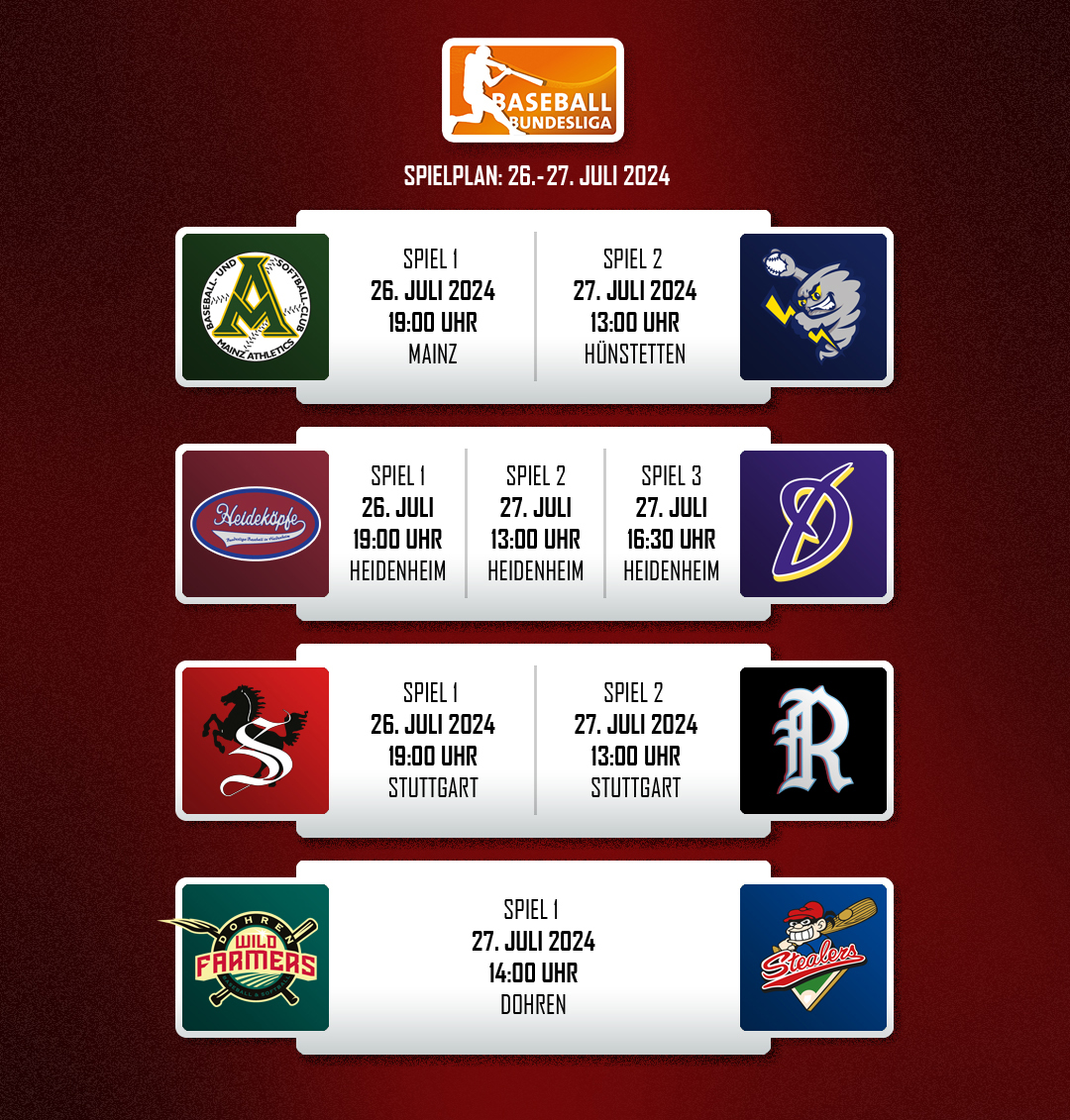 baseballsport's tweet photo. +++ Nachholspiele am 27. und 28. Juli 2024 +++ 1. Baseball-Bundesliga +++ https://t.co/LXGlAkni5r