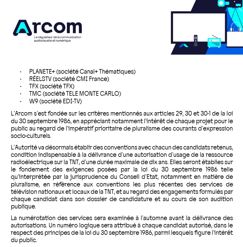 L'<a href="/Arcom_fr/">Arcom</a> dévoile les 15 chaînes retenues pour la réattribution des fréquences TNT.

❗️ NRJ 12 et surtout C8 n'y figurent PAS (mais CNews a été retenue).