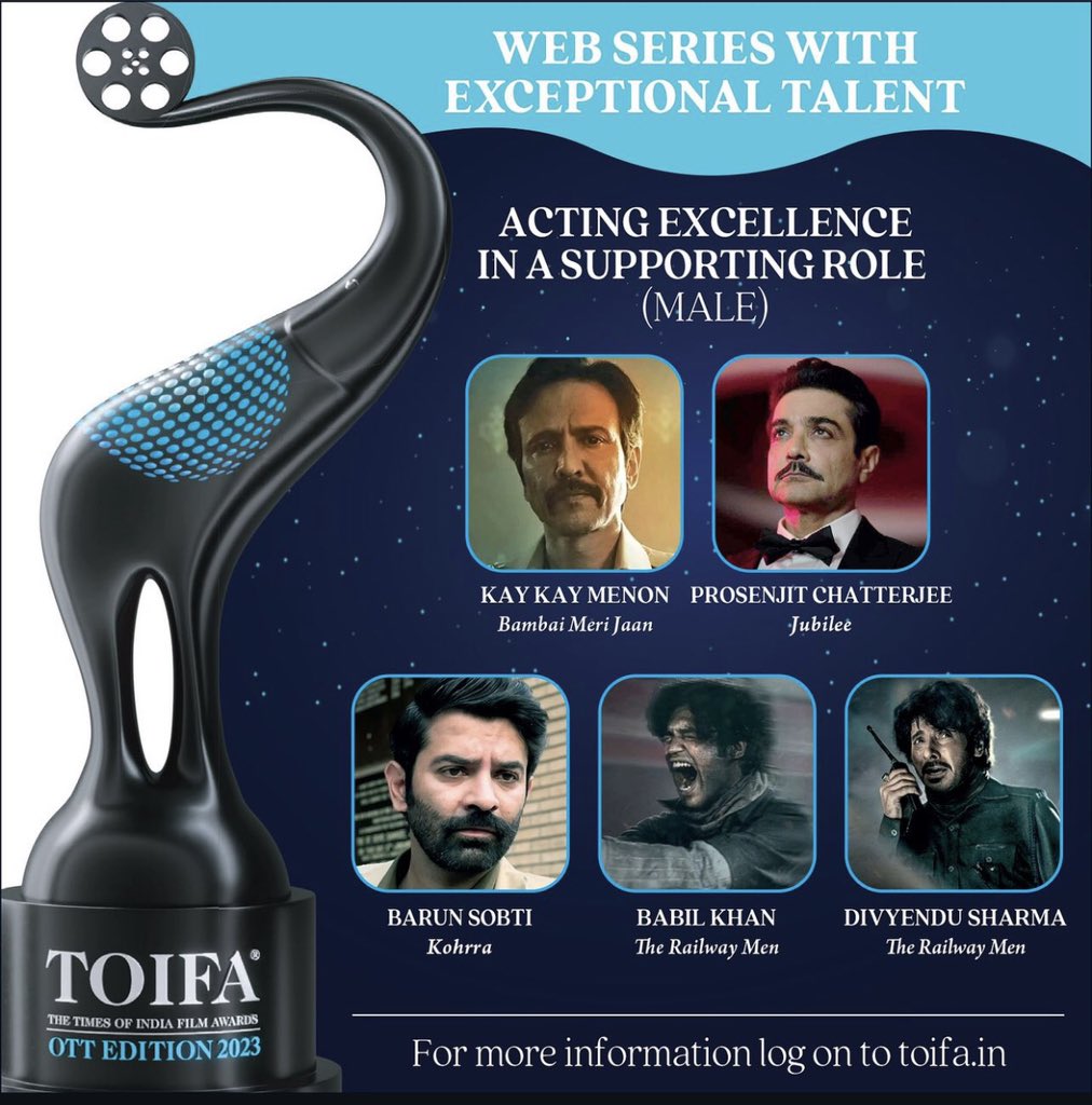 SheroSobti's tweet photo. It’s time for #TOIFAOTT 2023 edition ✨ where we are recognising talent from the content-ful year that went by!
OTT acting nominations
#Kohrra 
➡️ Acting Excellence (Male)
➡️ Acting Excellence In A Supporting Role (Male)
#StayTuned 
@BarunSobtiSays @Suvinder_Vicky @bombaytimes https://t.co/FK1dvFpaIK