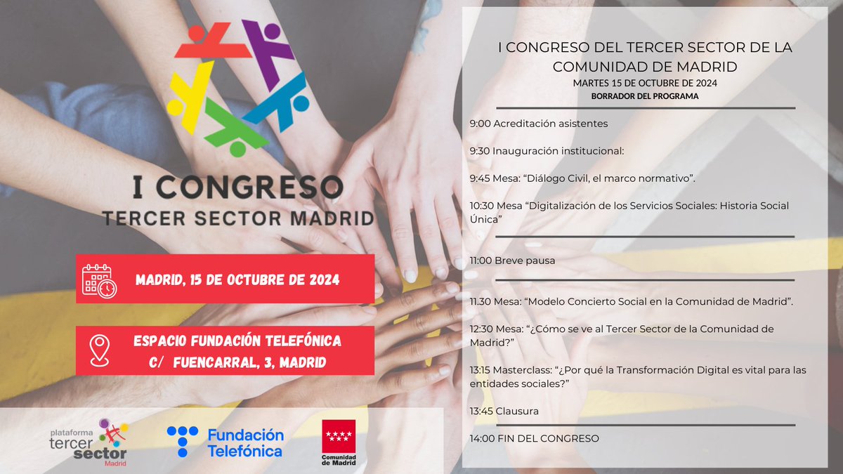 TercerSectorMad's tweet photo. 🆙 ¡No te pierdas el I Congreso del Tercer Sector de la Comunidad de Madrid!

👉Un evento único para reflexionar sobre el presente y futuro del Tercer Sector.

¡Inscríbete ya y forma parte de este encuentro! ➡️ 
https://t.co/UWUsTrVulf

#TercerSectorMadrid #Congreso3SMadrid https://t.co/aMlLlTJmIB