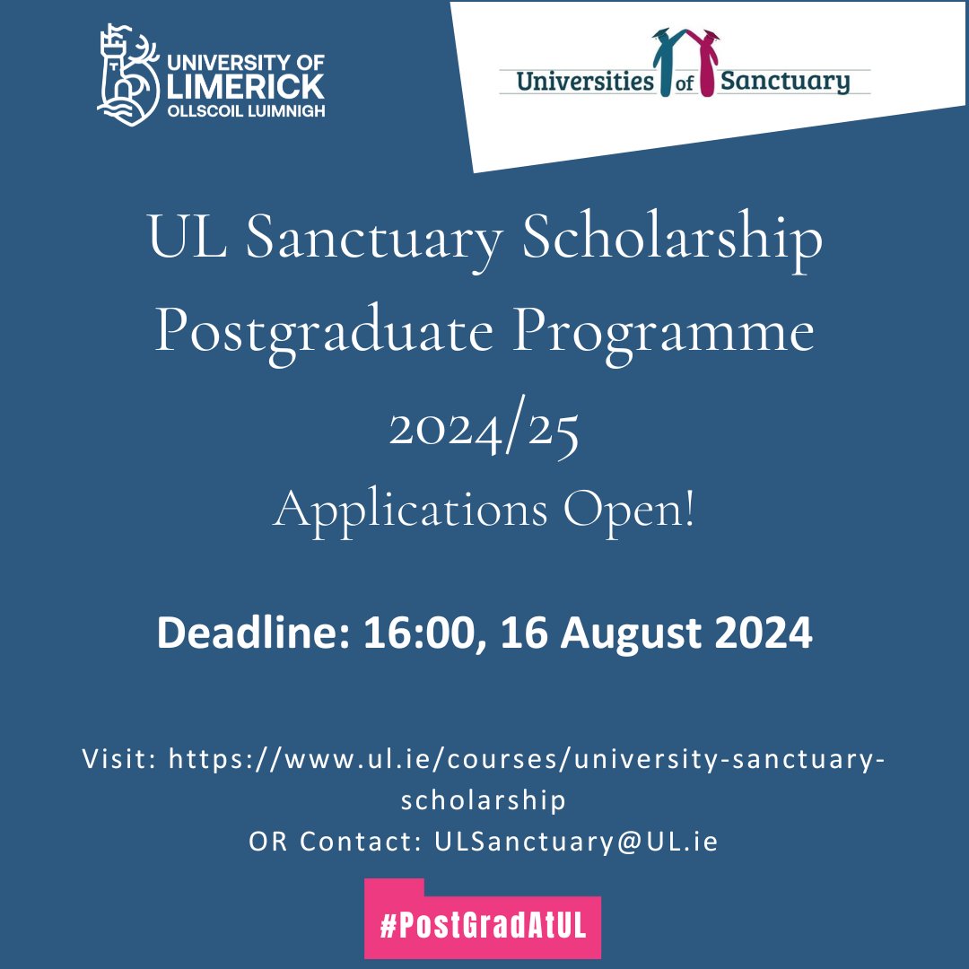 UL is opening the University of Sanctuary Scholarship Programme to include one -year, full-time Taught Postgraduate Programmes

The programme supports &amp; promotes access to education for refugees and asylum seekers in Ireland

Apply online here: ul.ie/courses/univer…
#StudyatUL