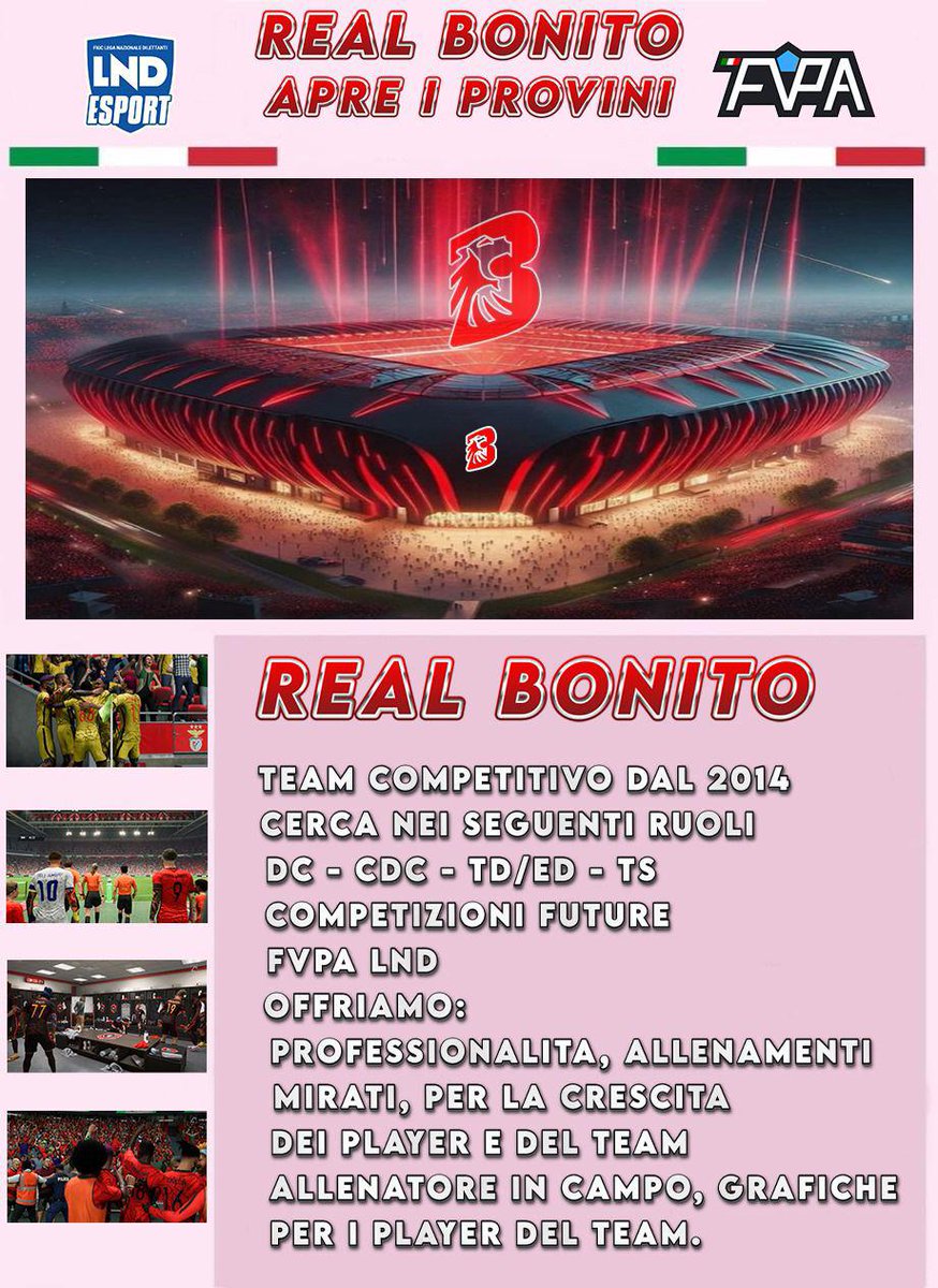 NightPoison (@raffy2510) on Twitter photo 🎮⚽ Real Bonito Esports cerca player per ampliamento rosa.
📅 Fondato: 2014
🔍 Ruoli Ricercati: TD/ES, DC, CDC
🏆 Competizioni: FVPA,LND
📅 Allenamenti: Lun-Ven
🗣️ Chat Vocale: Discord
👥 Gruppo Adulto
<a href="/RTproclub/">𝚁𝚃𝚙𝚛𝚘𝚌𝚕𝚞𝚋</a> <a href="/pctransfermarkt/">🇮🇹 PRO CLUBS TRANSFERMARKT🔍</a> <a href="/Mercato_FVPA/">Calciomercato Fvpa</a> <a href="/HouseOfProClub/">H𝕠𝕦𝕤𝕖 𝕆𝕗 P𝕣𝕠C𝕝𝕦𝕓</a> <a href="/NewsProclub/">News Proclub</a> 🎮⚽ Real Bonito Esports cerca player per ampliamento rosa.
📅 Fondato: 2014
🔍 Ruoli Ricercati: TD/ES, DC, CDC
🏆 Competizioni: FVPA,LND
📅 Allenamenti: Lun-Ven
🗣️ Chat Vocale: Discord
👥 Gruppo Adulto
<a href="/RTproclub/">𝚁𝚃𝚙𝚛𝚘𝚌𝚕𝚞𝚋</a> <a href="/pctransfermarkt/">🇮🇹 PRO CLUBS TRANSFERMARKT🔍</a> <a href="/Mercato_FVPA/">Calciomercato Fvpa</a> <a href="/HouseOfProClub/">H𝕠𝕦𝕤𝕖 𝕆𝕗 P𝕣𝕠C𝕝𝕦𝕓</a> <a href="/NewsProclub/">News Proclub</a>
