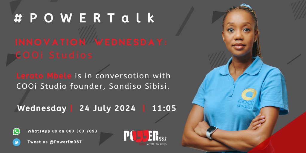 [ON AIR] 

Innovation Wednesdays: COOi Studios.

<a href="/mbele_lnb/">Lerato Mbele</a> is in conversation with the founder and innovator Sandiso Sibisi.

#POWERTalk