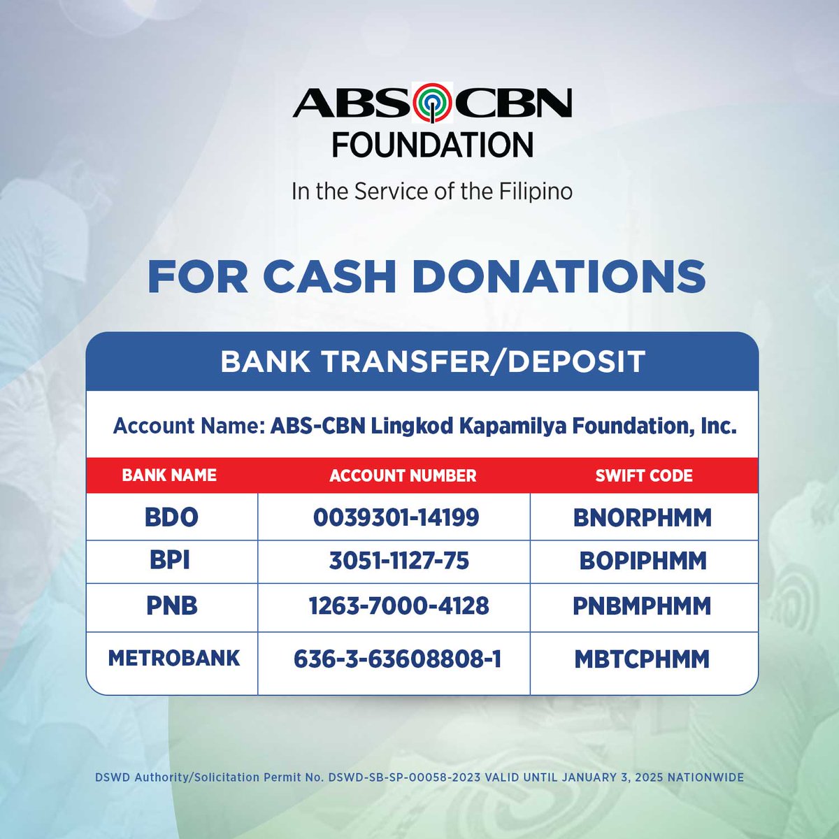 ABSCBNFI_ph's tweet photo. Bilang suporta sa mga Kapamilya nating apektado ng sakuna, ang ABS-CBN Foundation Sagip Kapamilya ay nakikipag-ugnayan sa LGUs para sa agarang paghahatid ng tulong. 

Sa mga nais magbigay ng suporta para sa mga kababayan natin, narito ang iba't ibang paraan para mag-donate: https://t.co/w9kIPh2Au4