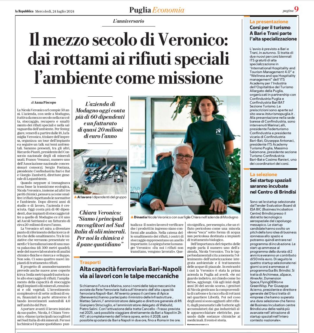 👉Mezzo secolo di storia, all'insegna dell'innovazione, della crescita e della tutela dell'ambiente: la Nicola Veronico S.r.l., azienda pugliese leader nel trattamento dei rifiuti speciali, festeggia i suoi 50 anni!
#gestionerifiuti  #sostenibilità #sostenibilitàambientale
