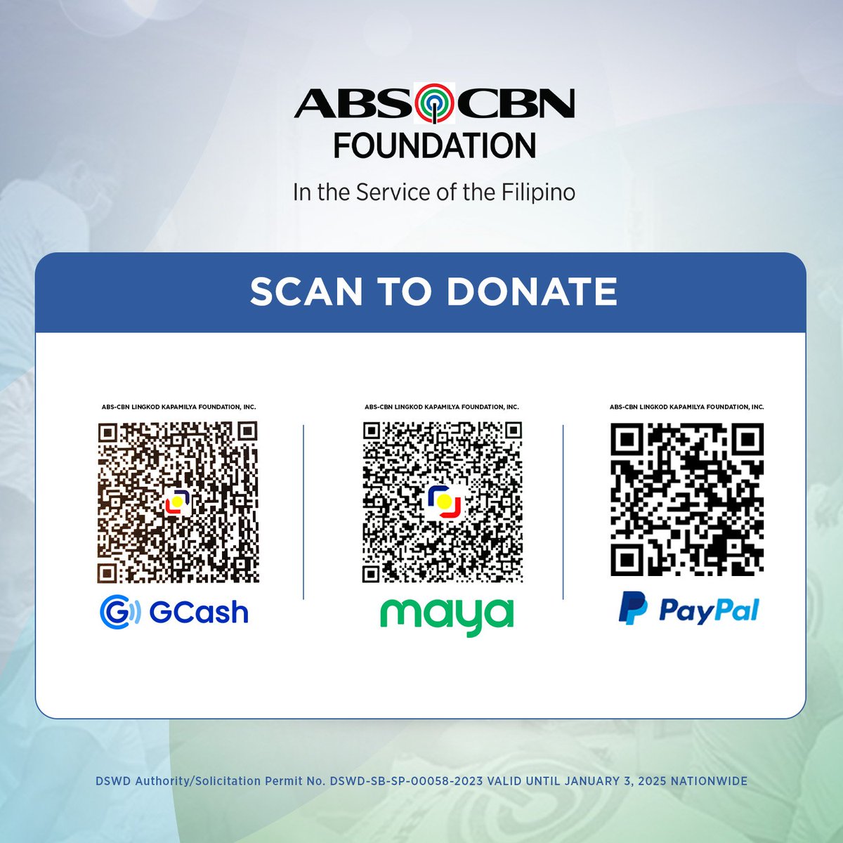 ABSCBNFI_ph's tweet photo. Bilang suporta sa mga Kapamilya nating apektado ng sakuna, ang ABS-CBN Foundation Sagip Kapamilya ay nakikipag-ugnayan sa LGUs para sa agarang paghahatid ng tulong. 

Sa mga nais magbigay ng suporta para sa mga kababayan natin, narito ang iba't ibang paraan para mag-donate: https://t.co/w9kIPh2Au4