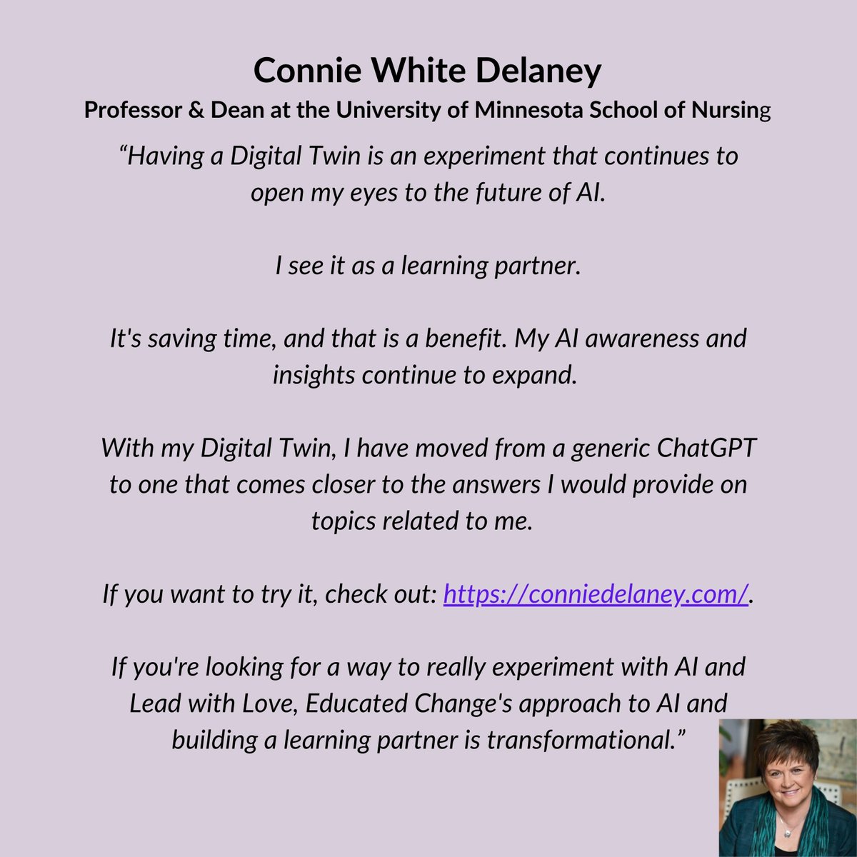 EducatedChange's tweet image. Here's what a long-standing client has to say about our Digital Twin services. Thanks to @conniewdelaney for sharing your point of view with us!

conniedelaney.com #DigitalTwins #AI #LeadingWithLove