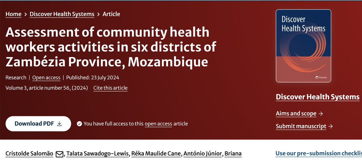 CaneReka's tweet photo. Just published! 
https://t.co/QFfDY5jjnK
In this study, we pinpointed that more focus on ensuring a steady supply of CWHs kits and subsidies delivered regularly &amp; timely remains necessary. #communityhealthworkers #mozambique @Discover_Jrnls https://t.co/qIpVPkjrpV