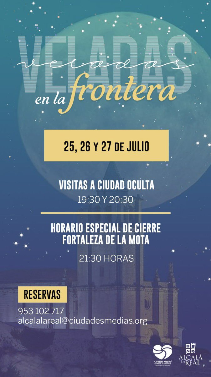 #AlcalálaReal
“Veladas en la Frontera” vuelve un verano más a la Fortaleza de la Mota, con hora especial de cierre y diferentes pases de visitas guiadas.

📆 25, 26 y 27 de julio hasta las 21:30h. Visitas a la Ciudad Oculta a las 17h, 19:30h y 20:30h. 

Contacto 📞 953-102 717
