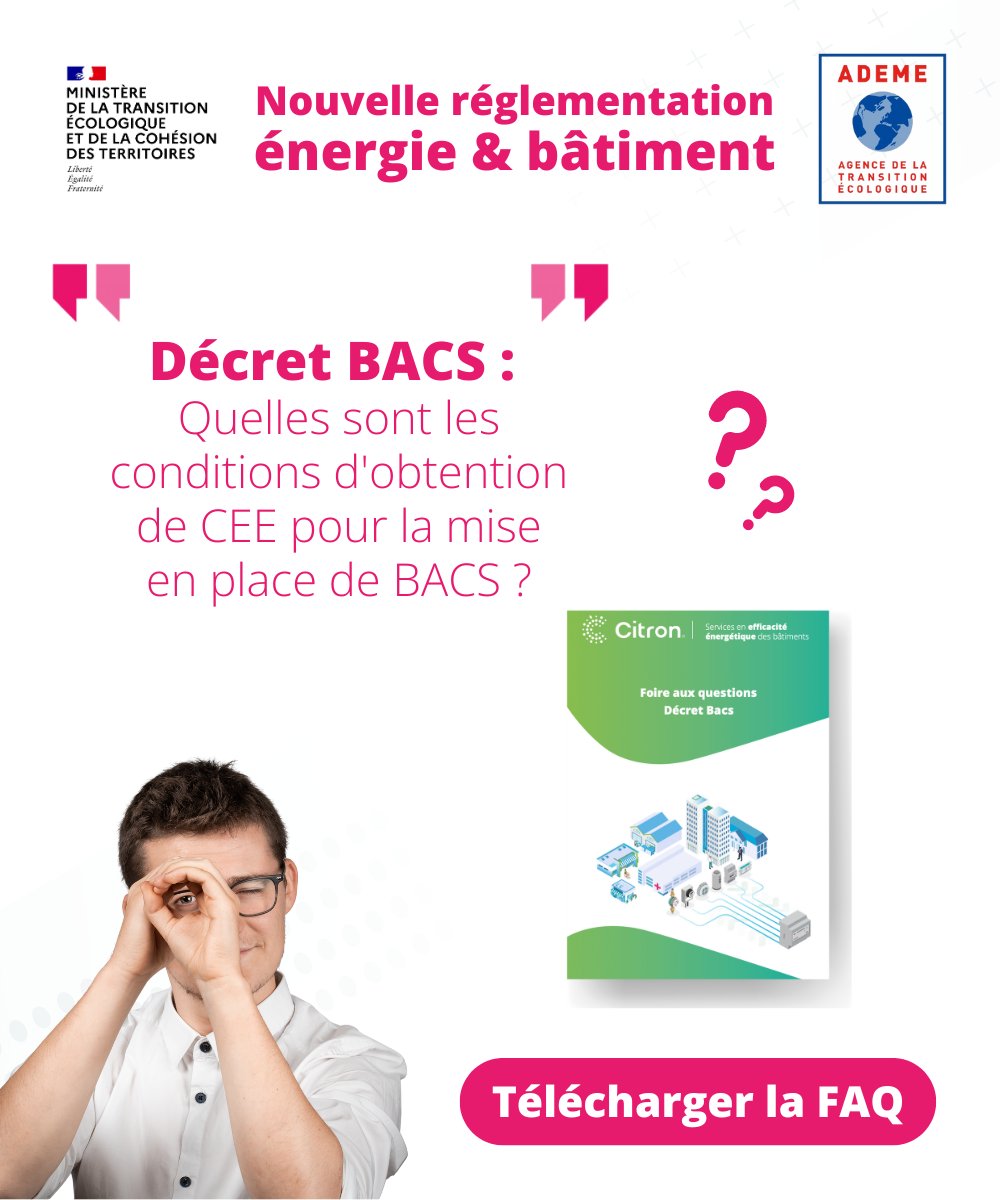 📢 [DÉCRET BACS] La question du jour !

Citron® répond à vos questions sur le #DecretBacs ! " Quelles sont les conditions d'obtention de CEE pour la mise en place de BACS ? "

👉 Téléchargez notre FAQ : contact.citron.io/foire-aux-ques…

#Energie #TransitionEnergetique #Environnement