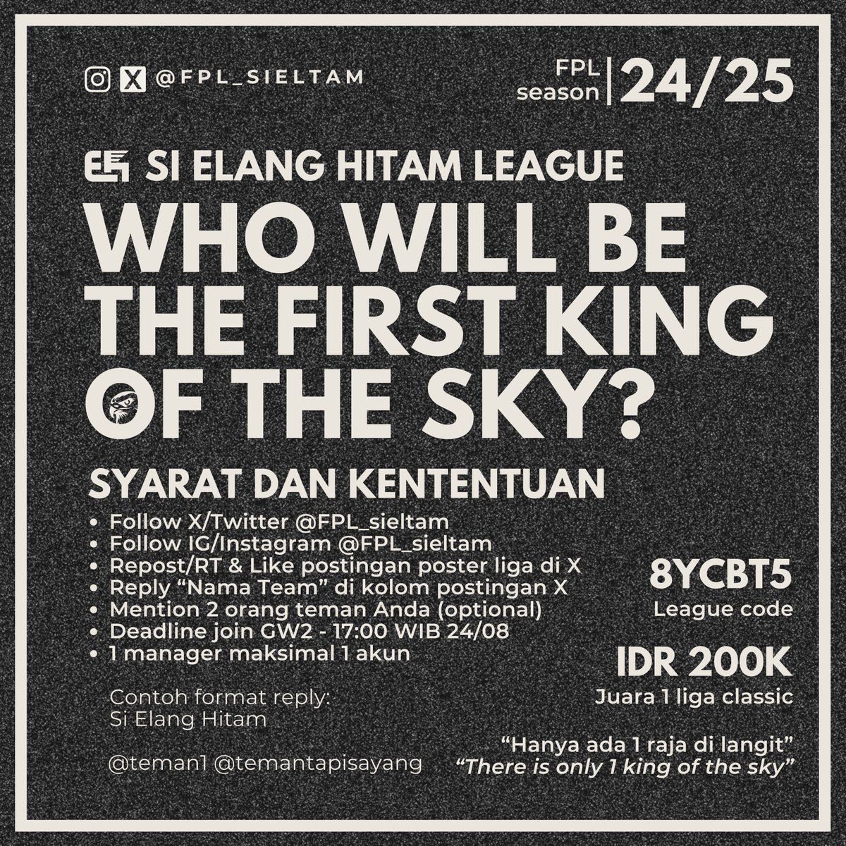 FPL Si Elang Hitam ๐ฎ๐ฉ (@fpl_sieltam) on Twitter photo ๐ฆ
โซ๏ธ Si Elang Hitam - <a href="/FPL_sieltam/">FPL Si Elang Hitam ๐ฎ๐ฉ</a> ๐ฆ
โซ๏ธ
๐ฆ๐ถ ๐๐น๐ฎ๐ป๐ด ๐๐ถ๐๐ฎ๐บ ๐๐ฒ๐ฎ๐ด๐๐ฒ
Syarat
- Follow X <a href="/FPL_sieltam/">FPL Si Elang Hitam ๐ฎ๐ฉ</a> & IG instagram.com/fpl_sieltam
- RT & Like post ini
- Reply Nama Tim di post ini
- Mention 2 teman (opsional)
- Cek poster dgn seksama
#FPL
#FPLIndonesia
#FPLCommunity ๐ฆ
โซ๏ธ Si Elang Hitam - <a href="/FPL_sieltam/">FPL Si Elang Hitam ๐ฎ๐ฉ</a> ๐ฆ
โซ๏ธ
๐ฆ๐ถ ๐๐น๐ฎ๐ป๐ด ๐๐ถ๐๐ฎ๐บ ๐๐ฒ๐ฎ๐ด๐๐ฒ
Syarat
- Follow X <a href="/FPL_sieltam/">FPL Si Elang Hitam ๐ฎ๐ฉ</a> & IG instagram.com/fpl_sieltam
- RT & Like post ini
- Reply Nama Tim di post ini
- Mention 2 teman (opsional)
- Cek poster dgn seksama
#FPL
#FPLIndonesia
#FPLCommunity