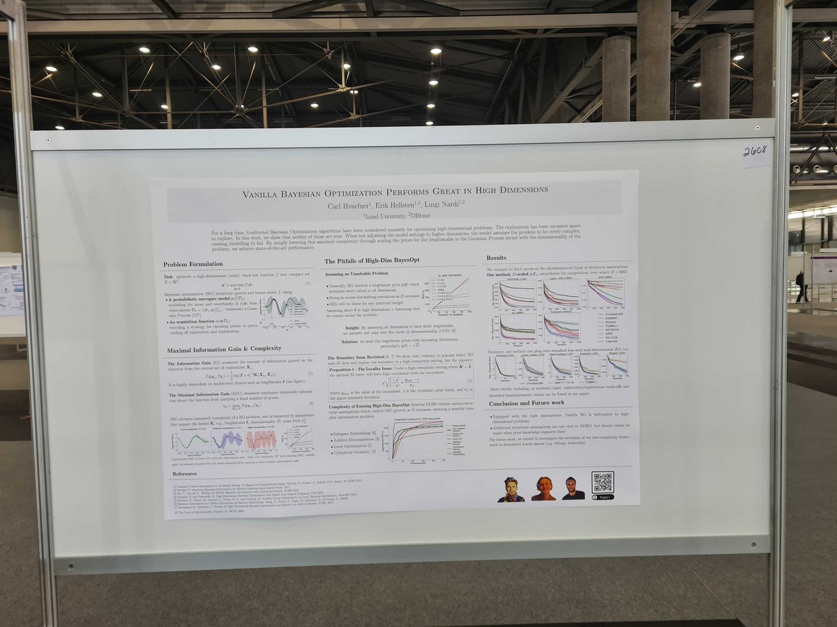 Luigi Nardi (@luiginardi) on Twitter photo Our work "Vanilla Bayesian Optimization Performs Great in High Dimensions" is presented now <a href="/icmlconf/">ICML Conference</a> in Vienna!
We challenge the community consensus that BO struggles in high-dim applications.
Paper: lnkd.in/drmSdSgG
Presentation <a href="/CHvarfner/">Carl Hvarfner</a>: lnkd.in/dzSwZRKc Our work "Vanilla Bayesian Optimization Performs Great in High Dimensions" is presented now <a href="/icmlconf/">ICML Conference</a> in Vienna!
We challenge the community consensus that BO struggles in high-dim applications.
Paper: lnkd.in/drmSdSgG
Presentation <a href="/CHvarfner/">Carl Hvarfner</a>: lnkd.in/dzSwZRKc