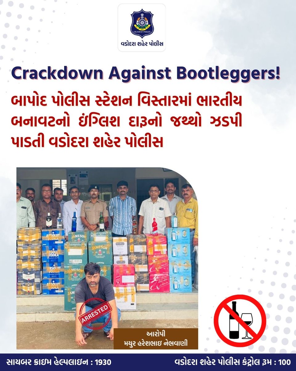 Vadcitypolice's tweet image. Crackdown Against Bootleggers !

બાપોદ પોલીસ સ્ટેશન વિસ્તારમાં ભારતીય બનાવટનો ઇંગ્લિશ દારૂનો 495 બોટલોનો કુલ્લે કિ. 15,98,000/- નો જથ્થો ઝડપી પાડતી વડોદરા શહેર પોલીસ

@dgpgujarat @gujaratpolice
#vadodaracitypolice #crackdown #alochol #drugs #bootleggers #illegal #prohibition
