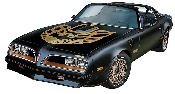 ポンティアック ファイアーバード トランザム(1977年)珍しくアメ車。'70に登場したファイアーバードの高性能モデル。'77年のマイチェンで角目4灯が採用されイーグルマスクと呼ばれる。大排気量ハイパワーが魅力のアメリカンV8だが、排ガス規制による出力低下は否めなかった。 