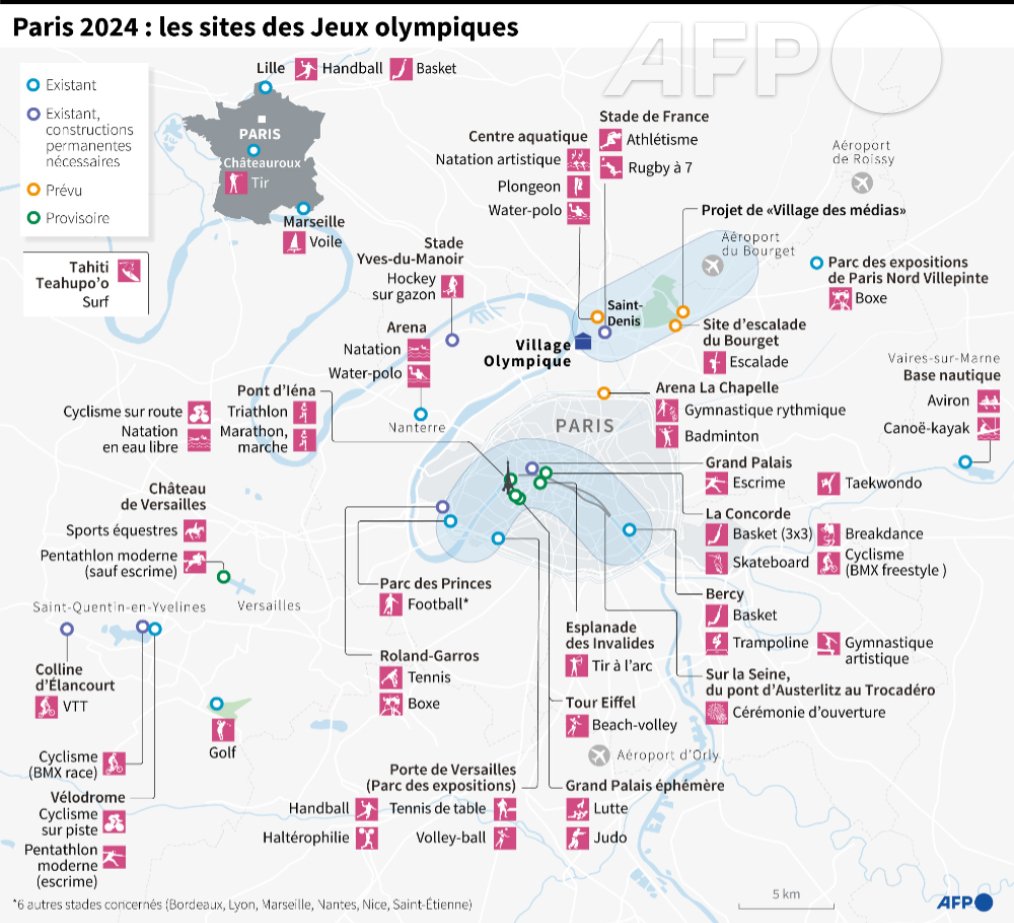 LaLangelliere's tweet image. Les principaux sites prévus pour les Jeux olympiques de Paris-2024 
 #JO2024 #AFP #AFPgraphics