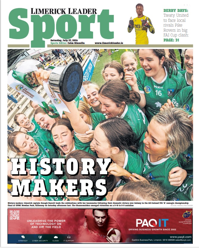 Colm Kinsella (@cksportleader) on Twitter photo ๐ฐ History-making <a href="/LimCamogie/">Limerick Camogie</a> All-Ireland U16 'A' winning side get front page treatment in sports section of <a href="/Limerick_Leader/">Limerick Leader / Limerick Live</a> Jam-packed section inside with <a href="/LimerickCLG/">Limerick GAA</a> PIHC preview, FAI Cup soccer, rugby, horse racing, golf, athletics & much moreโคต๏ธ
#LLSport ๐โฝ๏ธ๐๐๏ธโโ๏ธ๐โโ๏ธ๐๐๏ธ๐ ๐ฐ History-making <a href="/LimCamogie/">Limerick Camogie</a> All-Ireland U16 'A' winning side get front page treatment in sports section of <a href="/Limerick_Leader/">Limerick Leader / Limerick Live</a> Jam-packed section inside with <a href="/LimerickCLG/">Limerick GAA</a> PIHC preview, FAI Cup soccer, rugby, horse racing, golf, athletics & much moreโคต๏ธ
#LLSport ๐โฝ๏ธ๐๐๏ธโโ๏ธ๐โโ๏ธ๐๐๏ธ๐